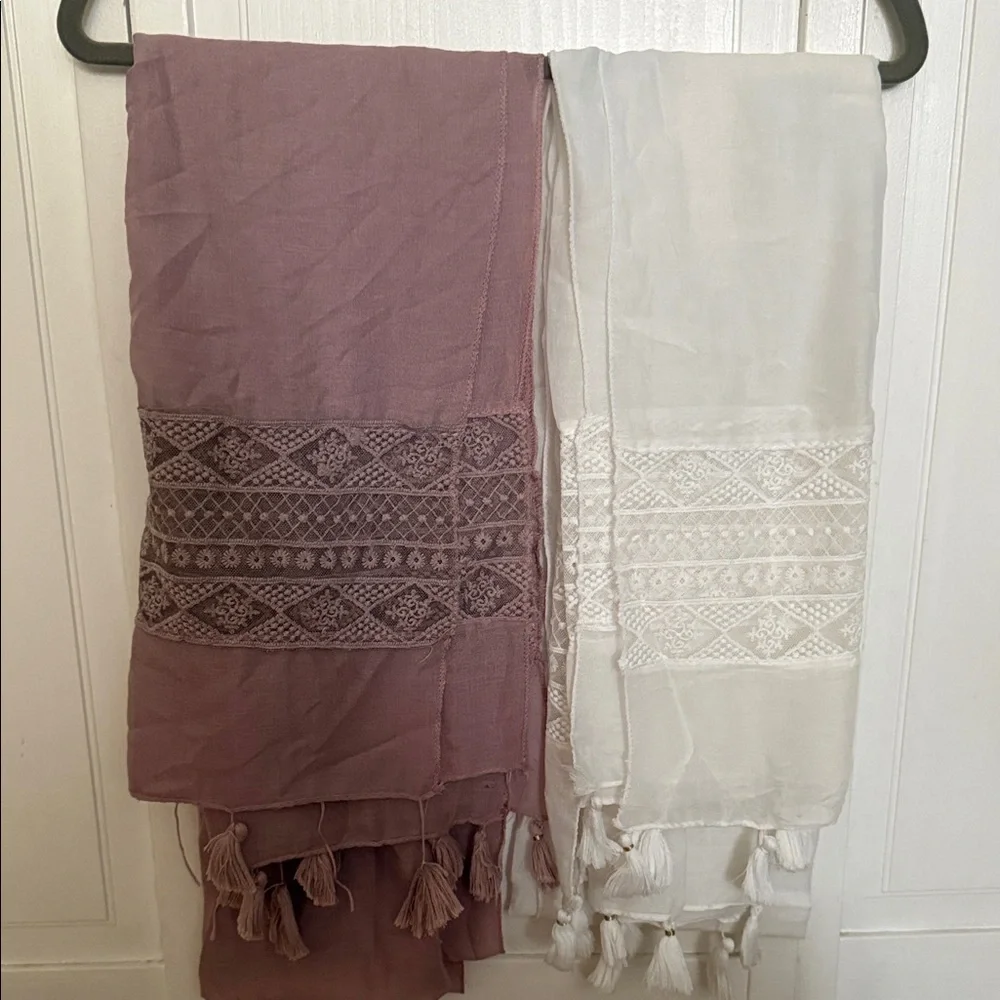 2 Embroidered Tassel Scarf Duo - Mauve & White cotton